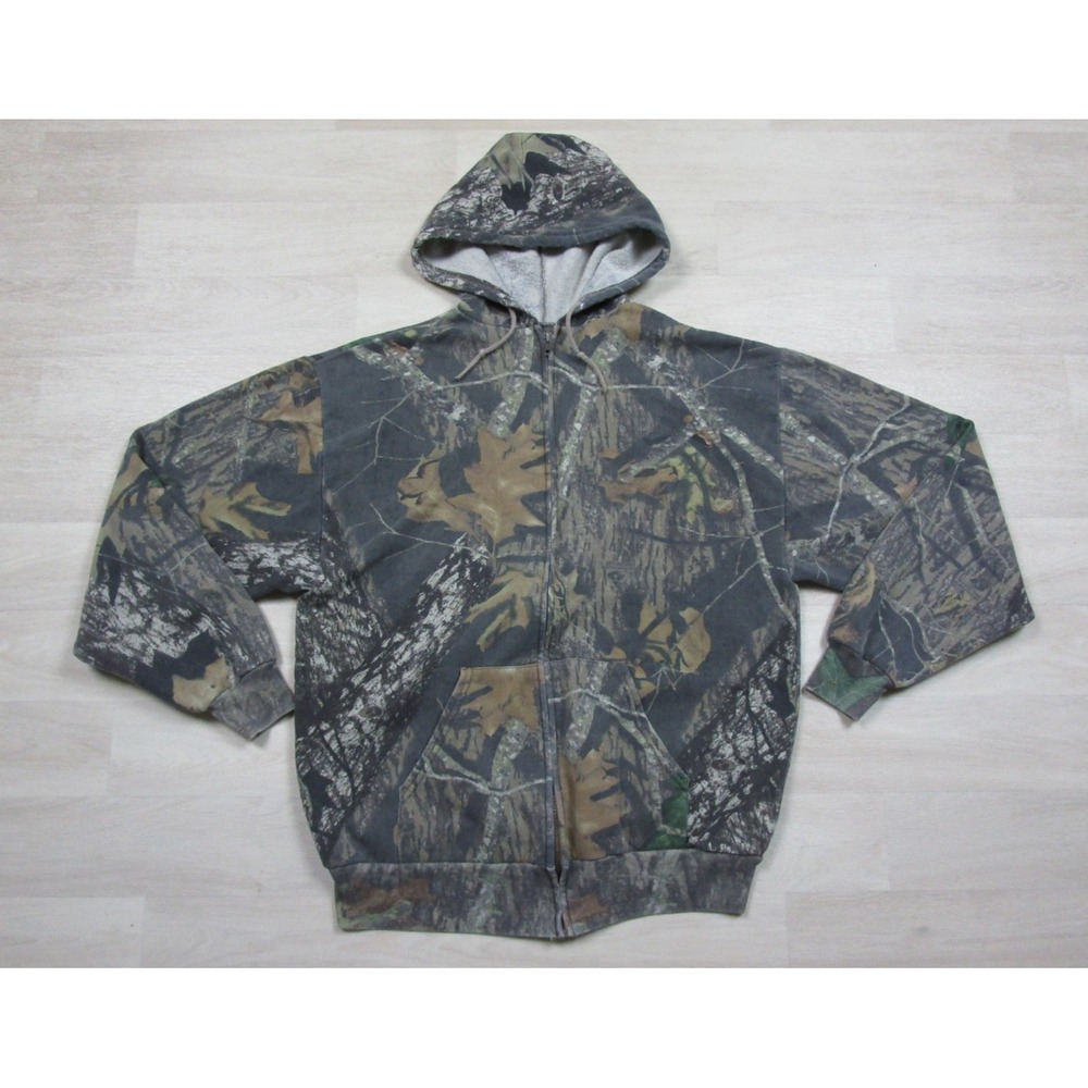 Vintage 90s JERZEES Outdoors Camo Hoodie Mens (L) Full Zip Mossy Oak Breakup